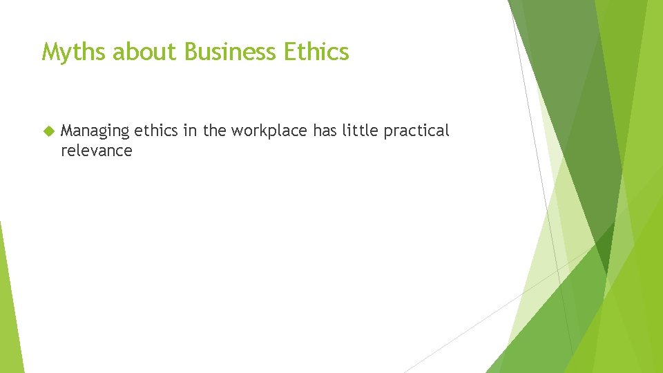 Myths about Business Ethics Managing ethics in the workplace has little practical relevance Myths about Business Ethics Managing ethics in the workplace has little practical relevance