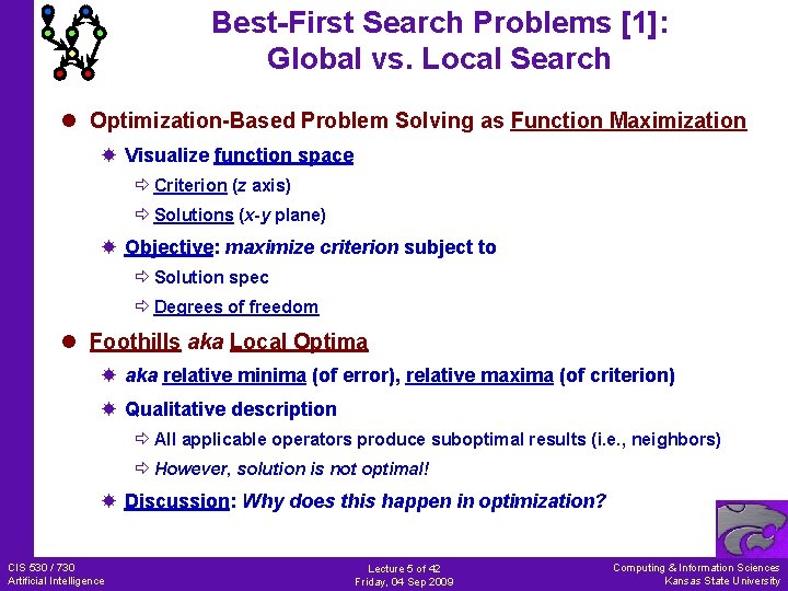 Best-First Search Problems [1]: Global vs. Local Search l Optimization-Based Problem Solving as Function