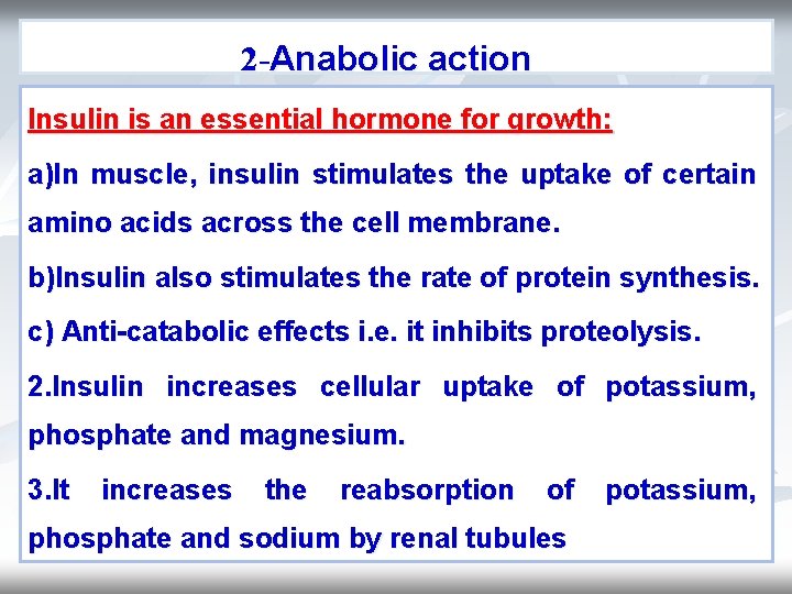 2 -Anabolic action Insulin is an essential hormone for growth: a)In muscle, insulin stimulates