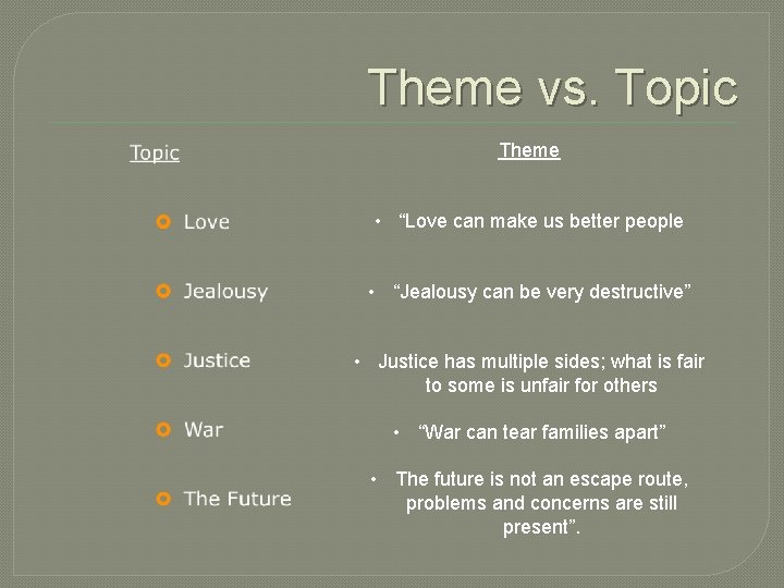 Theme vs. Topic Theme • “Love can make us better people • “Jealousy can
