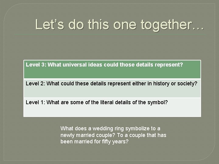 Let’s do this one together… Level 3: What universal ideas could those details represent? Let’s do this one together… Level 3: What universal ideas could those details represent?