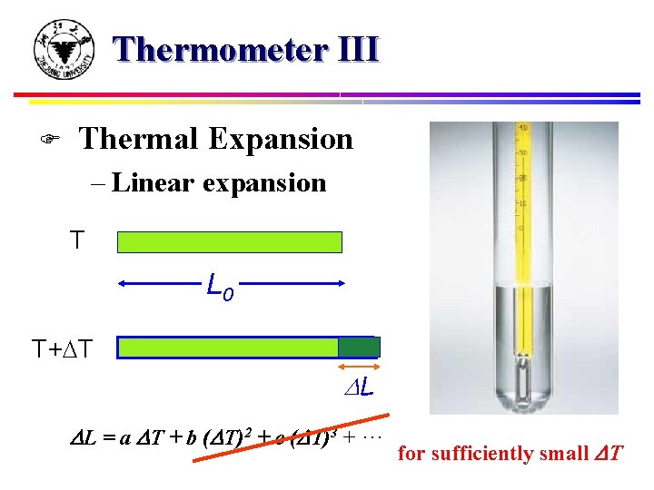 Thermometer III F Thermal Expansion – Linear expansion T L 0 T+ T L