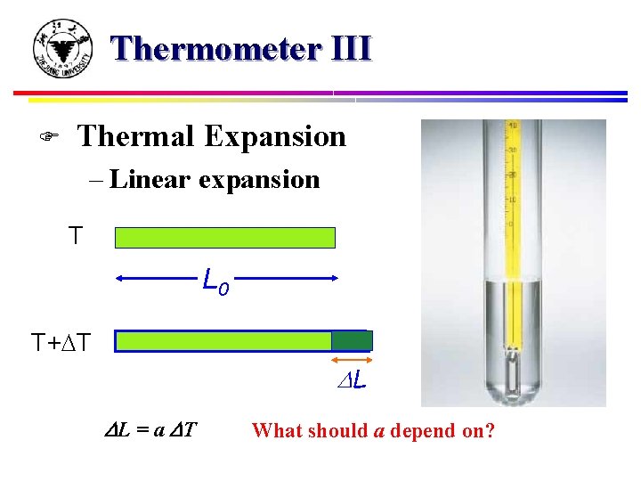 Thermometer III F Thermal Expansion – Linear expansion T L 0 T+ T L
