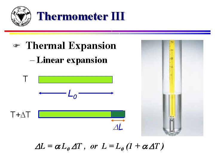 Thermometer III F Thermal Expansion – Linear expansion T L 0 T+ T L