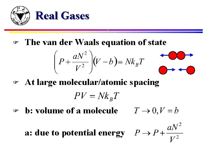 Real Gases F The van der Waals equation of state F At large molecular/atomic
