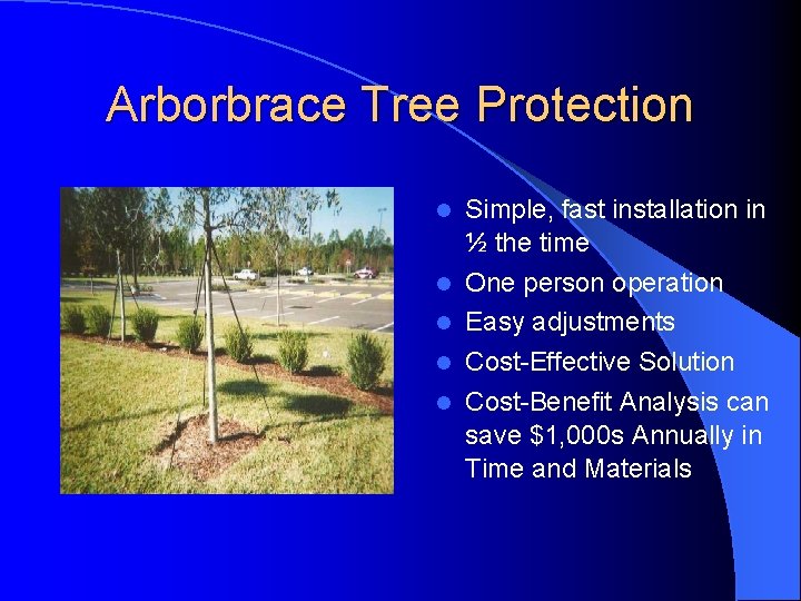 Arborbrace Tree Protection l l l Simple, fast installation in ½ the time One