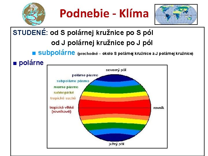 Podnebie - Klíma STUDENÉ: od S polárnej kružnice po S pól od J polárnej