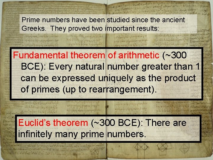 Prime numbers have been studied since the ancient Greeks. They proved two important results:
