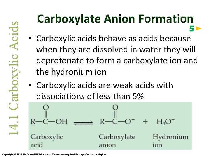 14. 1 Carboxylic Acids Carboxylate Anion Formation 5 • Carboxylic acids behave as acids