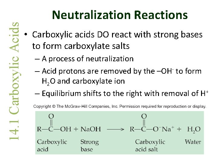 14. 1 Carboxylic Acids Neutralization Reactions • Carboxylic acids DO react with strong bases