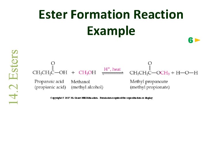 14. 2 Esters Ester Formation Reaction Example Copyright © 2017 Mc. Graw-Hill Education. Permission
