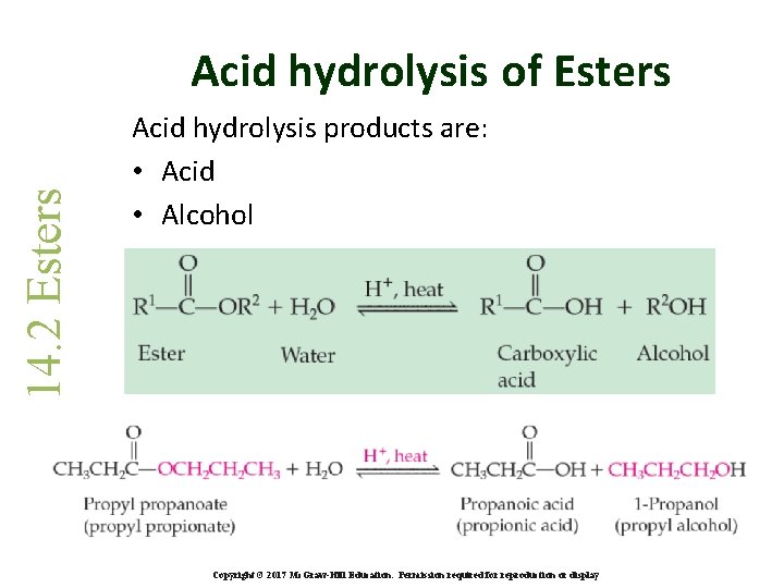 14. 2 Esters Acid hydrolysis of Esters Acid hydrolysis products are: • Acid •