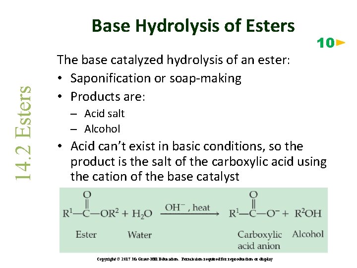 14. 2 Esters Base Hydrolysis of Esters The base catalyzed hydrolysis of an ester: