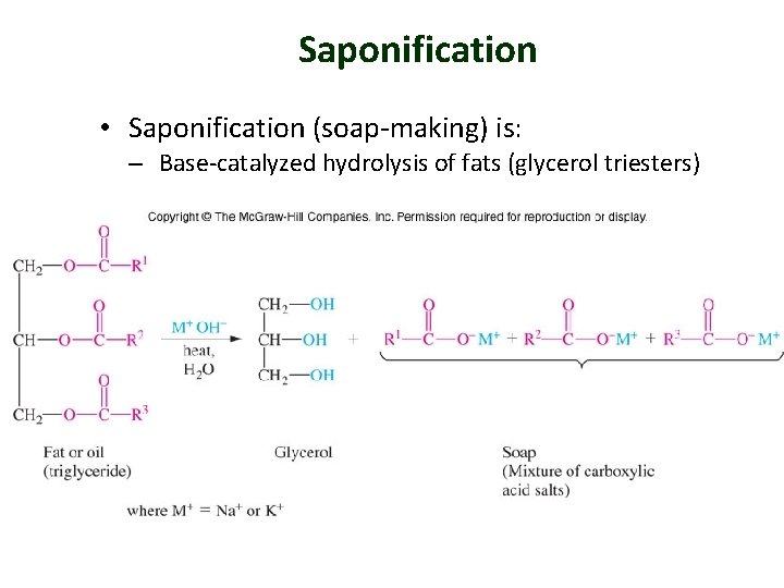 Saponification • Saponification (soap-making) is: – Base-catalyzed hydrolysis of fats (glycerol triesters) 
