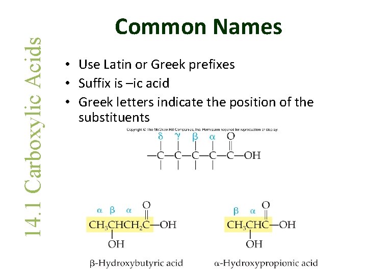 14. 1 Carboxylic Acids Common Names • Use Latin or Greek prefixes • Suffix