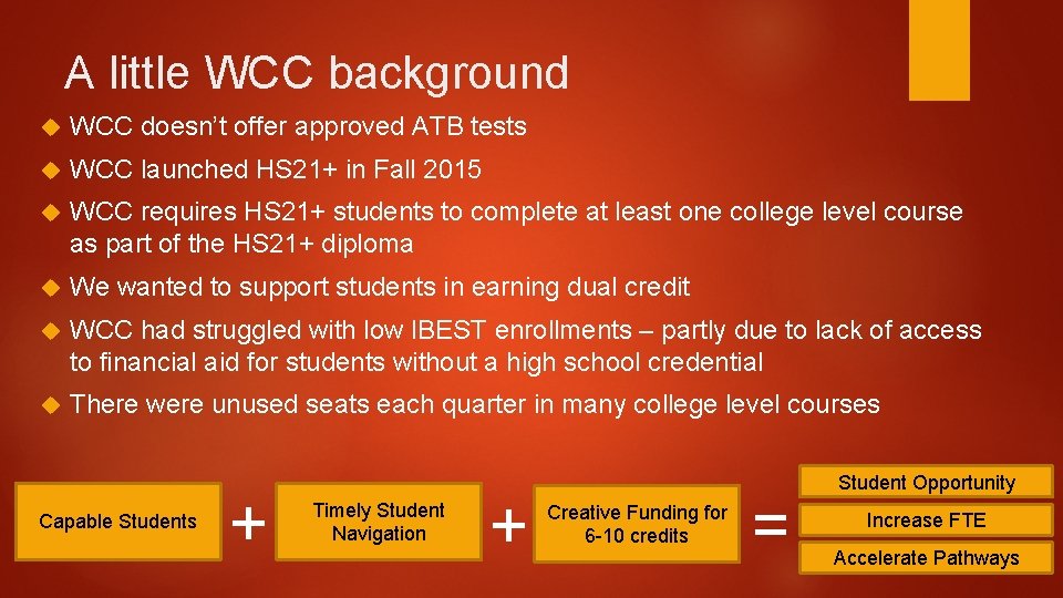 A little WCC background WCC doesn’t offer approved ATB tests WCC launched HS 21+