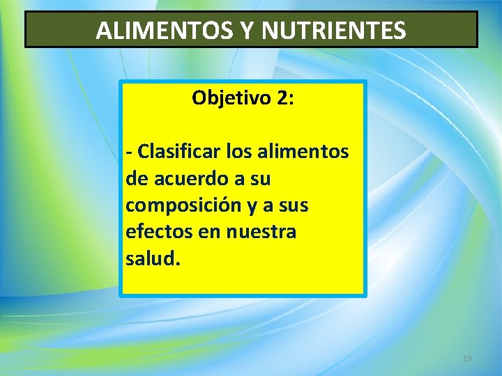 ALIMENTOS Y NUTRIENTES Objetivo 2: - Clasificar los alimentos de acuerdo a su composición