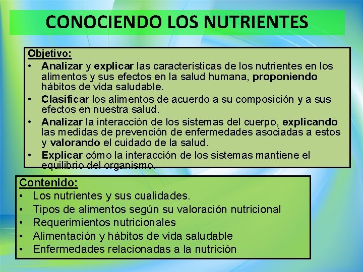 CONOCIENDO LOS NUTRIENTES Objetivo: • Analizar y explicar las características de los nutrientes en