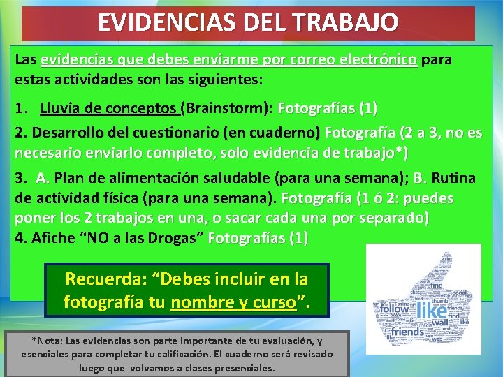 EVIDENCIAS DEL TRABAJO Las evidencias que debes enviarme por correo electrónico para estas actividades