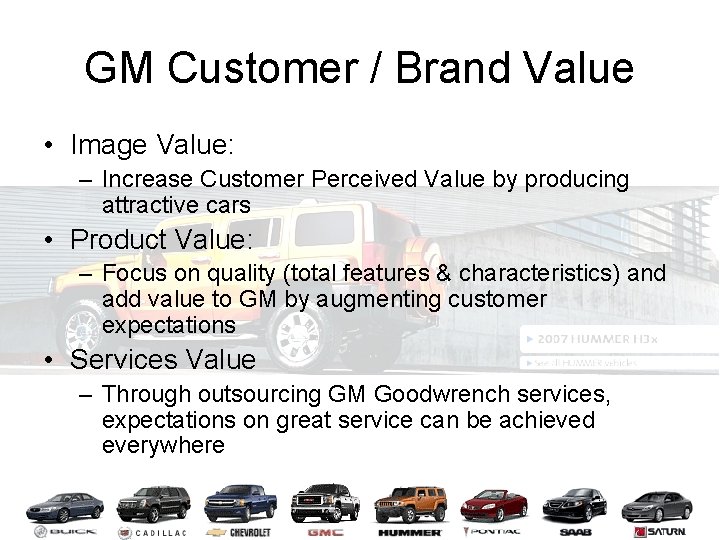 GM Customer / Brand Value • Image Value: – Increase Customer Perceived Value by