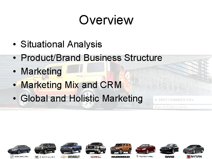 Overview • • • Situational Analysis Product/Brand Business Structure Marketing Mix and CRM Global