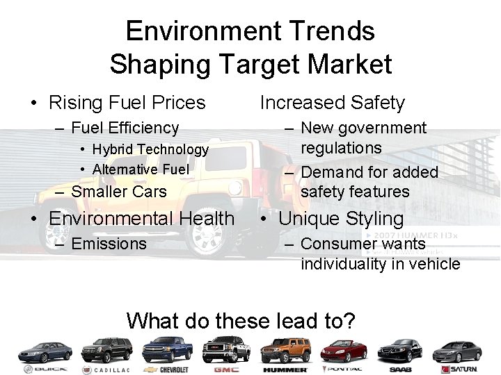 Environment Trends Shaping Target Market • Rising Fuel Prices – Fuel Efficiency • Hybrid