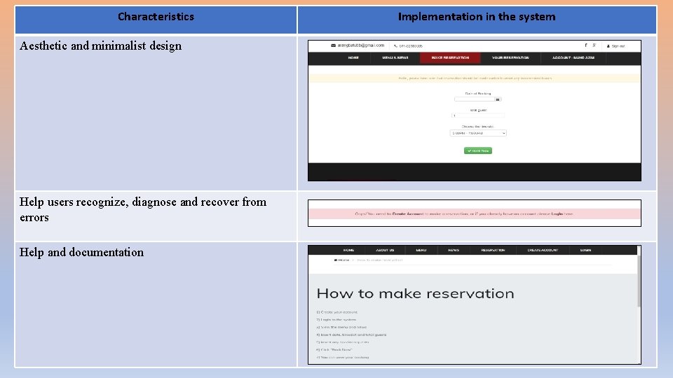 Characteristics Aesthetic and minimalist design Help users recognize, diagnose and recover from errors Help