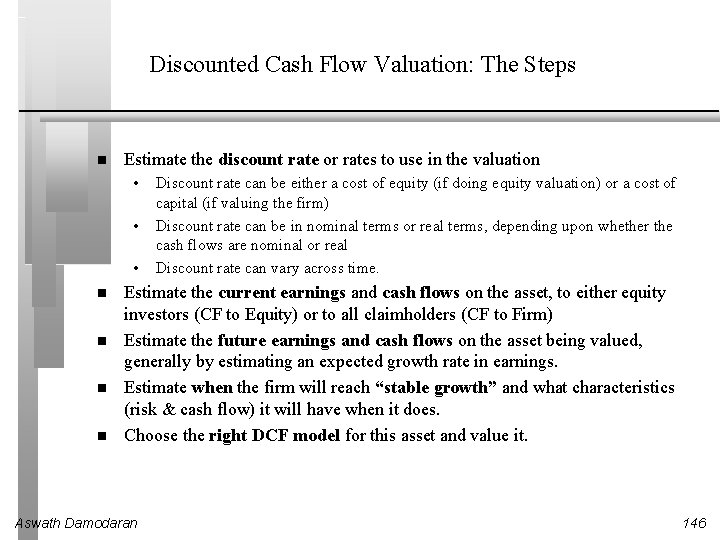 Discounted Cash Flow Valuation: The Steps Estimate the discount rate or rates to use