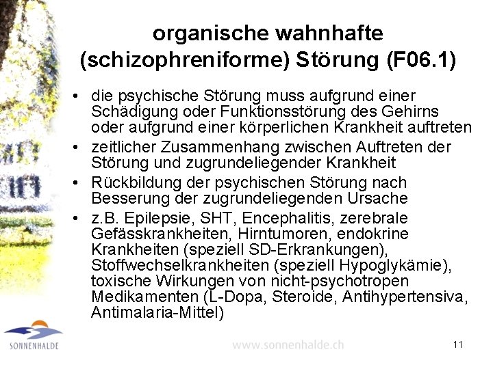 organische wahnhafte (schizophreniforme) Störung (F 06. 1) • die psychische Störung muss aufgrund einer