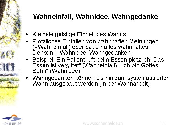 Wahneinfall, Wahnidee, Wahngedanke • Kleinste geistige Einheit des Wahns • Plötzliches Einfallen von wahnhaften