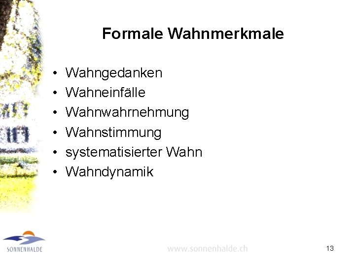 Formale Wahnmerkmale • • • Wahngedanken Wahneinfälle Wahnwahrnehmung Wahnstimmung systematisierter Wahndynamik 13 