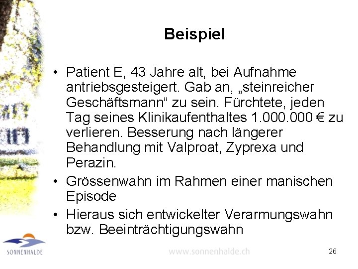 Beispiel • Patient E, 43 Jahre alt, bei Aufnahme antriebsgesteigert. Gab an, „steinreicher Geschäftsmann“