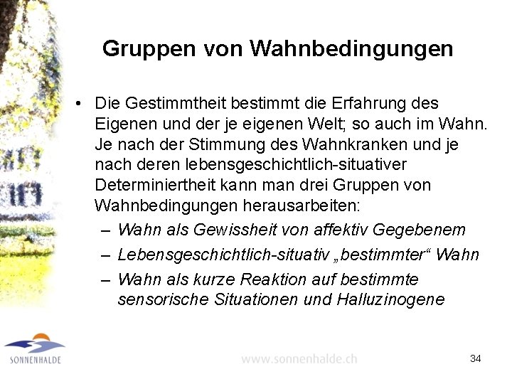 Gruppen von Wahnbedingungen • Die Gestimmtheit bestimmt die Erfahrung des Eigenen und der je