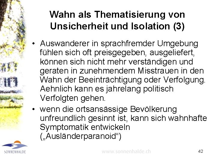 Wahn als Thematisierung von Unsicherheit und Isolation (3) • Auswanderer in sprachfremder Umgebung fühlen