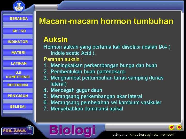 BERANDA Macam-macam hormon tumbuhan SK / KD INDIKATOR MATERI LATIHAN UJI KOMPETENSI REFERENSI PENYUSUN