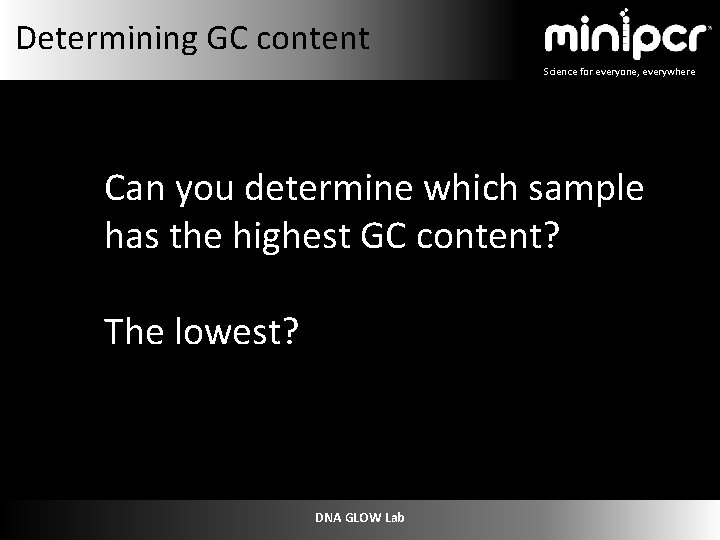 Determining GC content Science for everyone, everywhere Can you determine which sample has the