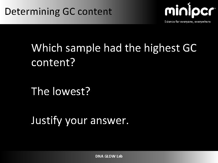 Determining GC content Science for everyone, everywhere Which sample had the highest GC content?