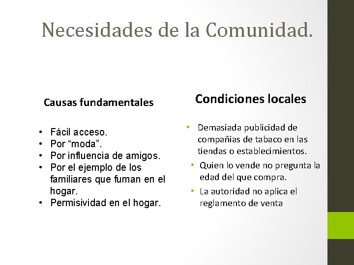 Necesidades de la Comunidad. Causas fundamentales • • Fácil acceso. Por “moda”. Por influencia