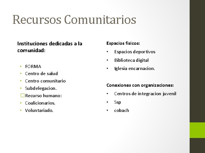 Recursos Comunitarios Instituciones dedicadas a la comunidad: • FORMA • Centro de salud •