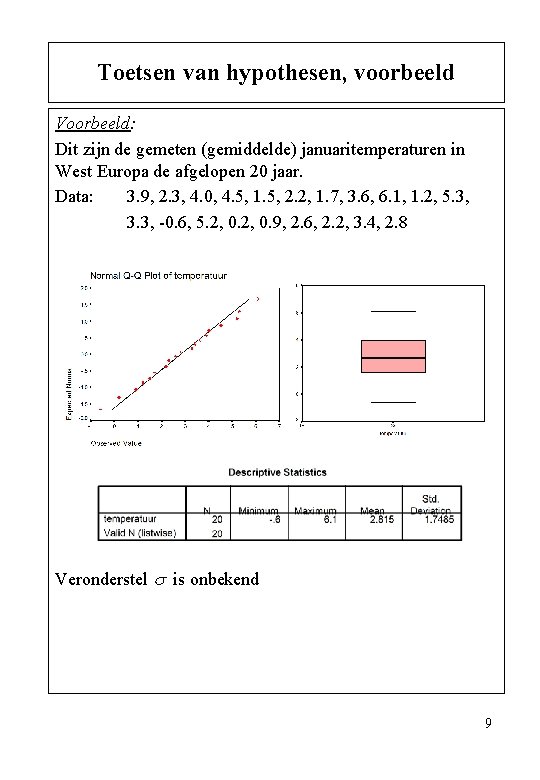 Toetsen van hypothesen, voorbeeld Voorbeeld: Dit zijn de gemeten (gemiddelde) januaritemperaturen in West Europa