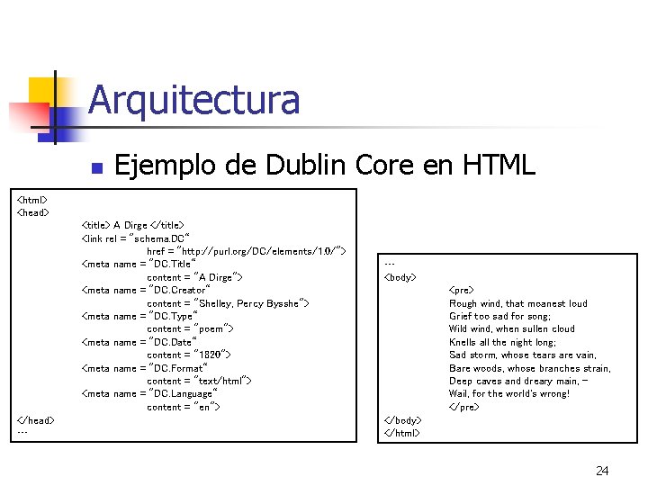 Arquitectura n Ejemplo de Dublin Core en HTML <html> <head> <title> A Dirge </title>