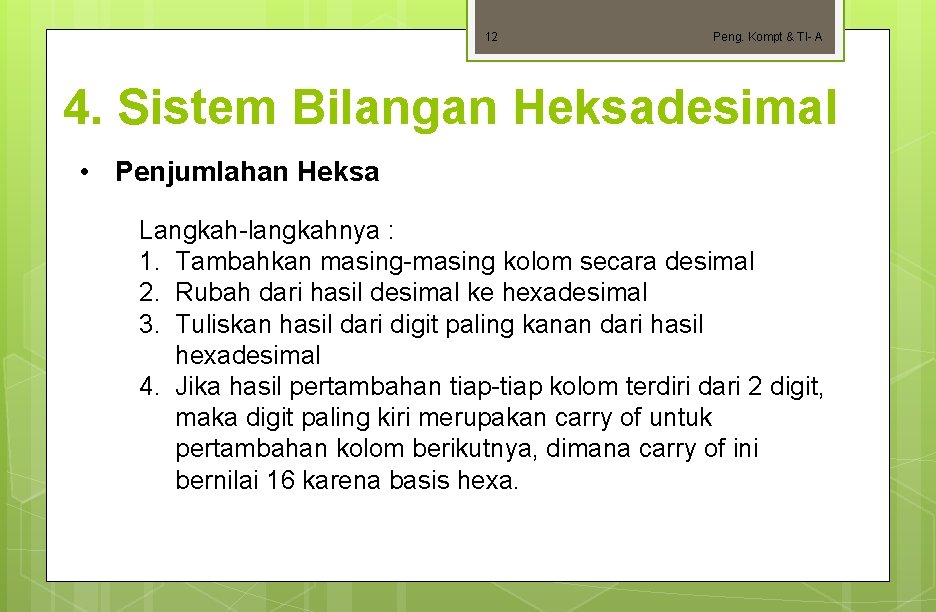 12 Peng. Kompt & TI- A 4. Sistem Bilangan Heksadesimal • Penjumlahan Heksa Langkah-langkahnya