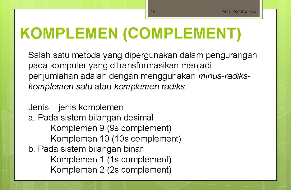 15 Peng. Kompt & TI- A KOMPLEMEN (COMPLEMENT) Salah satu metoda yang dipergunakan dalam