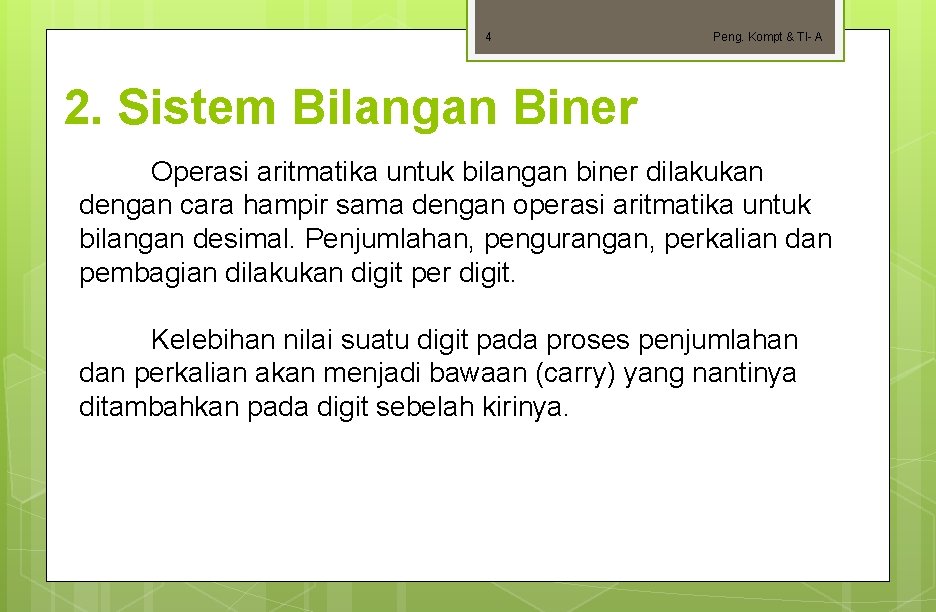 4 Peng. Kompt & TI- A 2. Sistem Bilangan Biner Operasi aritmatika untuk bilangan