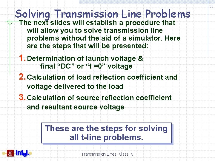 Solving Transmission Line Problems The next slides will establish a procedure that will allow