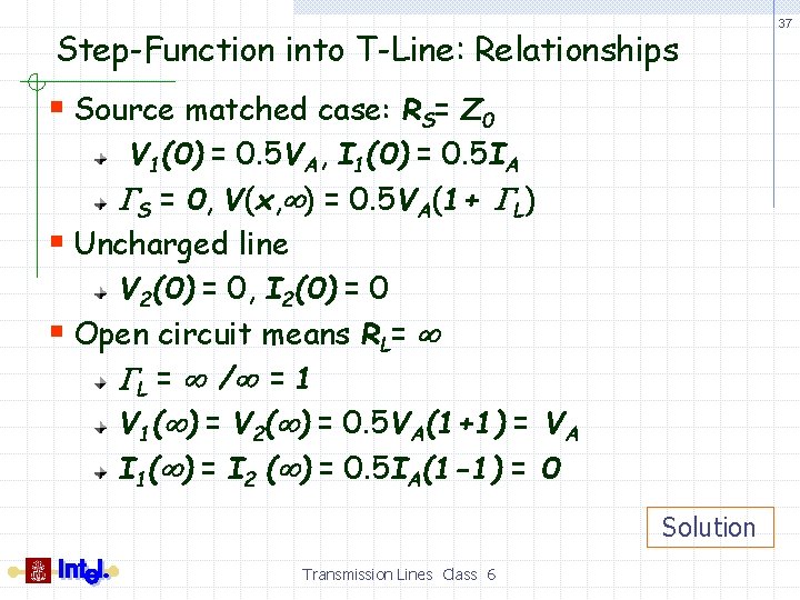 Step-Function into T-Line: Relationships § Source matched case: RS= Z 0 V 1(0) =