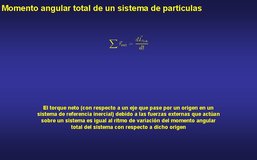 Momento angular total de un sistema de partículas El torque neto (con respecto a