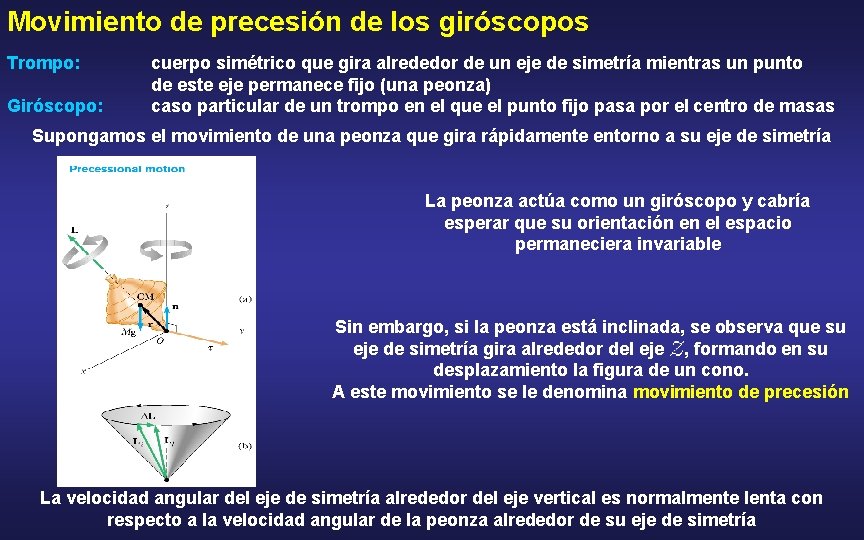 Movimiento de precesión de los giróscopos Trompo: Giróscopo: cuerpo simétrico que gira alrededor de