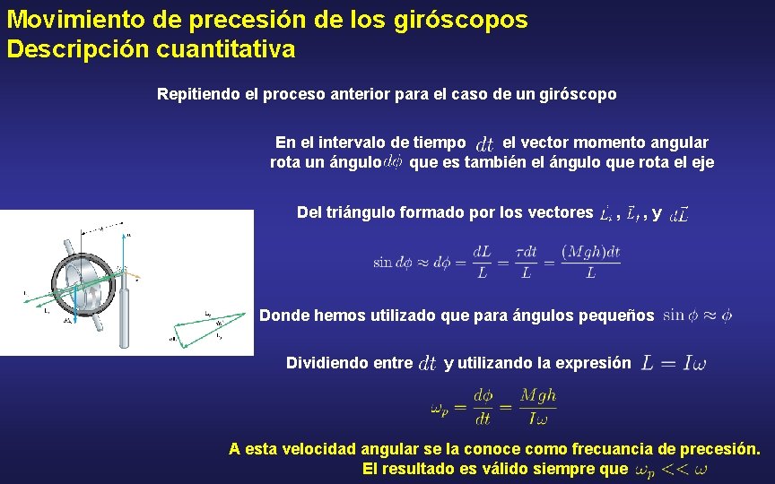 Movimiento de precesión de los giróscopos Descripción cuantitativa Repitiendo el proceso anterior para el