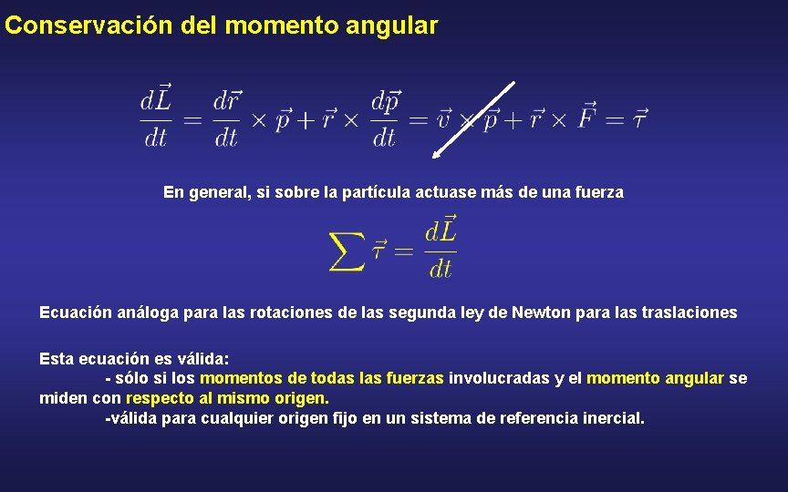 Conservación del momento angular En general, si sobre la partícula actuase más de una